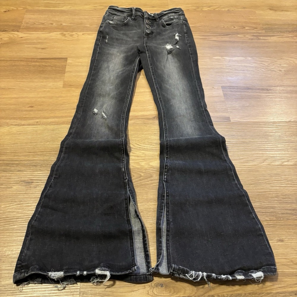 Flying Monkey Jeans Women 24 Black Mid Rise Flare Stretch Distressed Denim 24x31